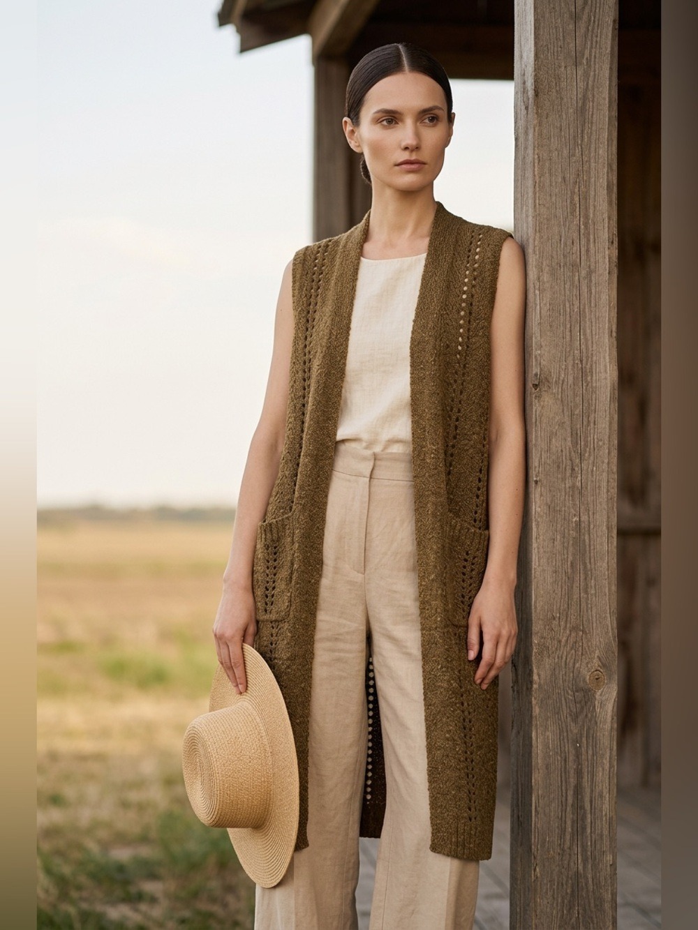Vintage 90s Curio Long Sweater Vest Ramie Knit Duster Lacy Crochet Brown M
